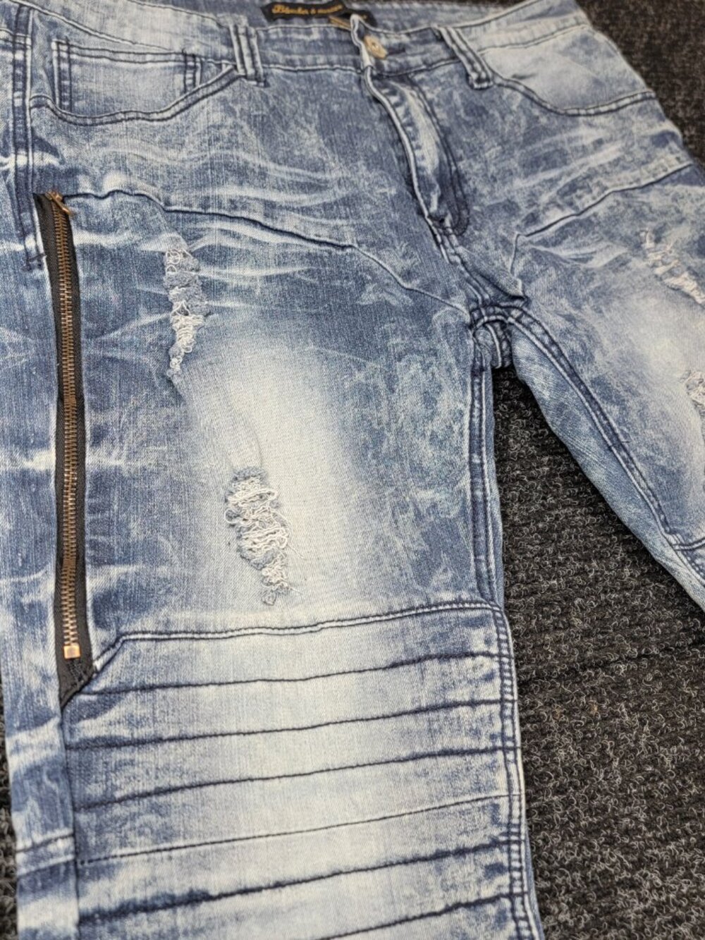 Bleecker & Mercer Men's Distressed Moto Biker Jeans 36x32 Acid Wash Retro Y2K